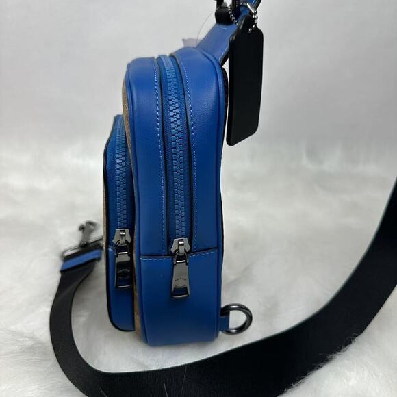 Coach Racer Sling Pack In Colorblock Signature Canvas Tan/Pacific Bright Mine - Picture 3 of 11